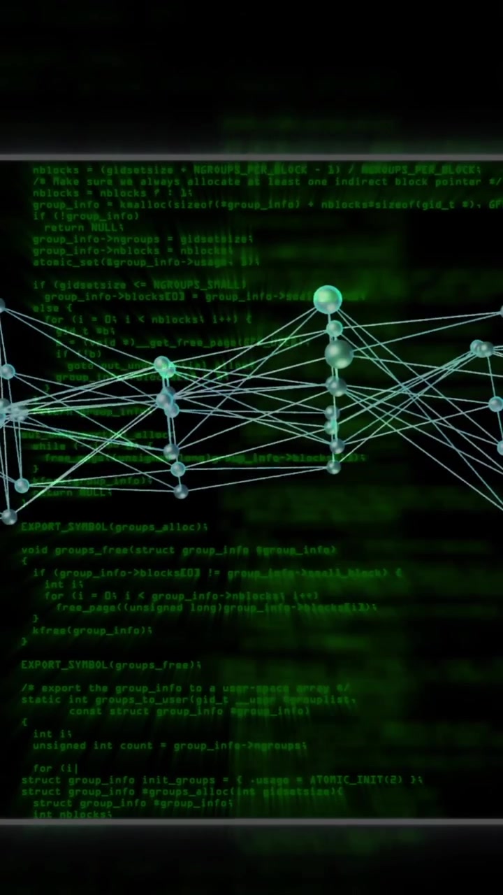 Animation of network of connections and data processing on black background