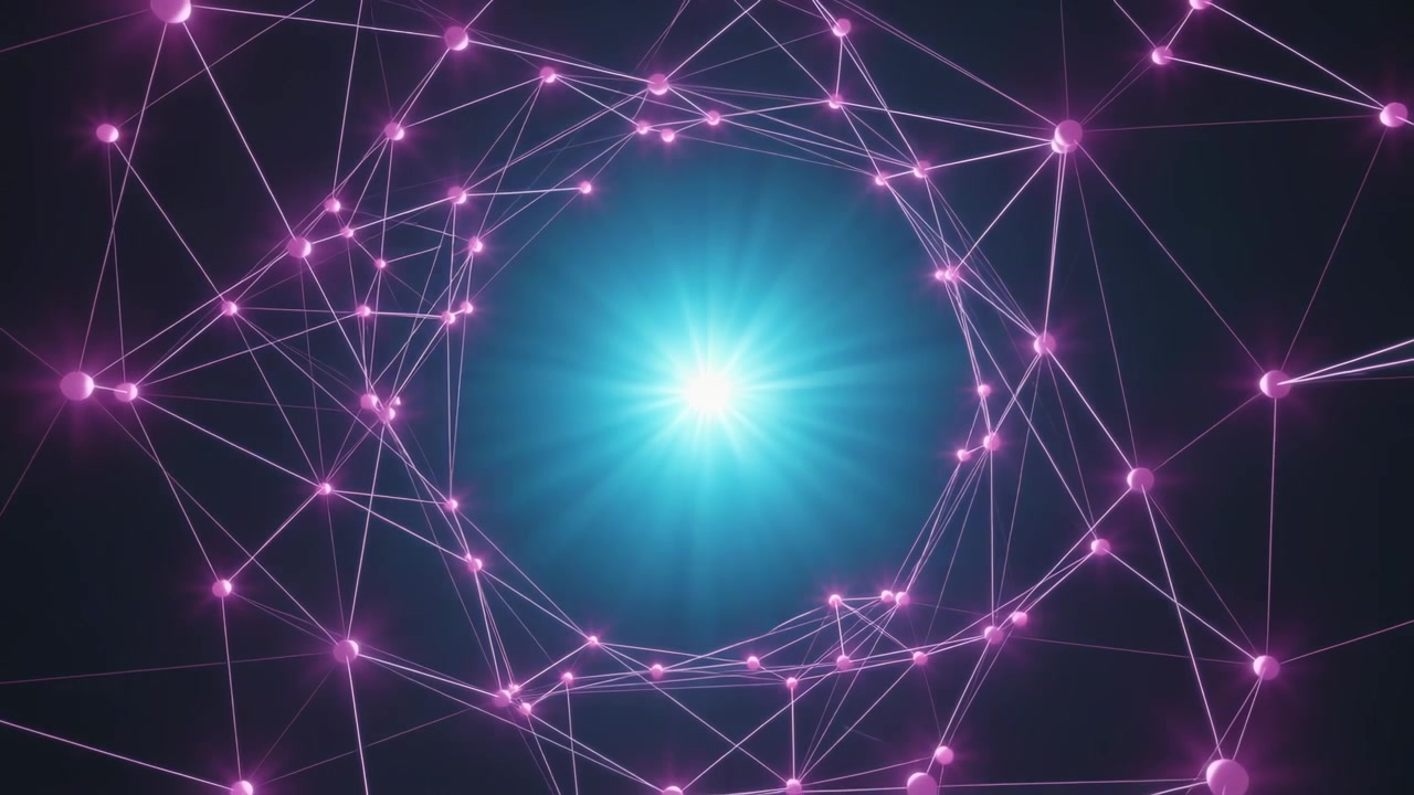Organizing magenta nodes and thin lines rotating in dark blue backdrop, cyan-blue center pulsing