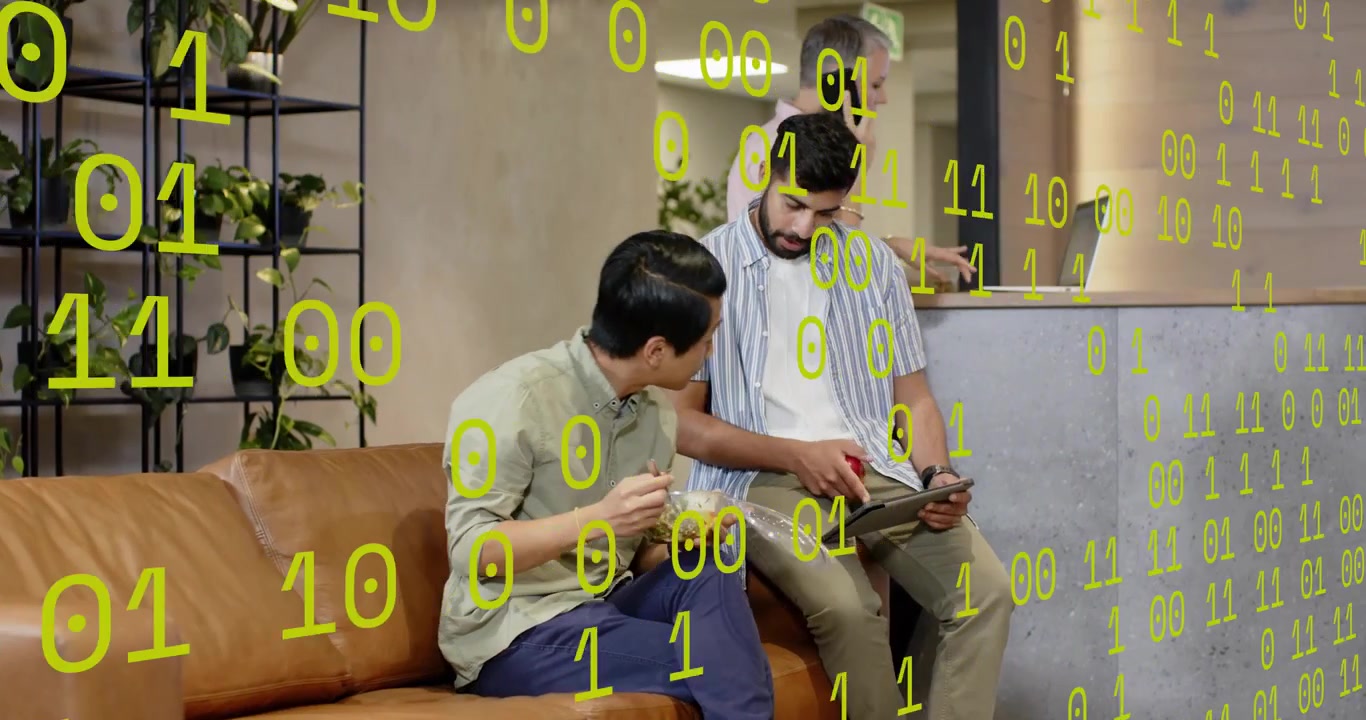 Eating man gesturing and starting office break chat, peer glancing tablet, binary overlay floating