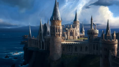 hogwarts castle overlooking the sea at dusk