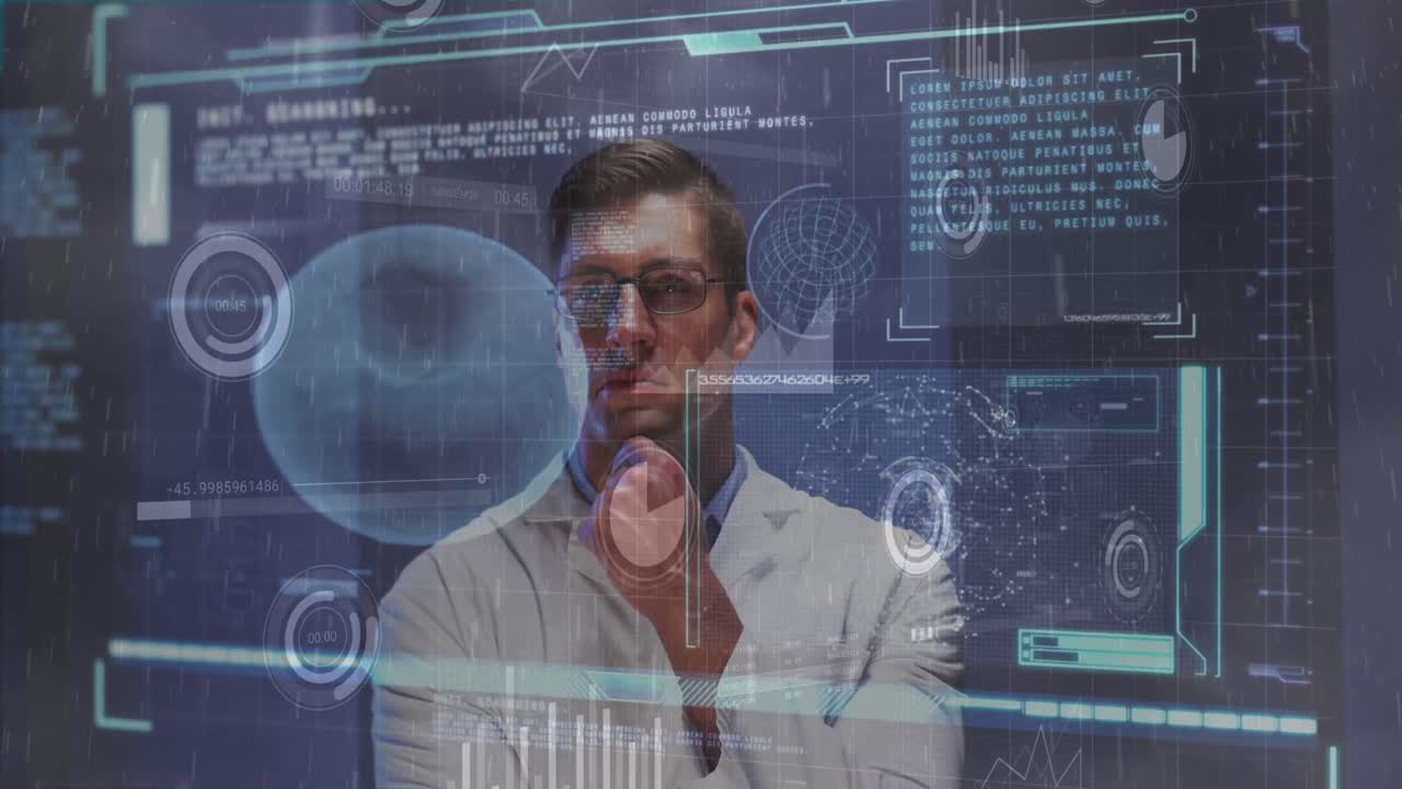 animación de la interfaz gráfica con codificación en movimiento y gráficos sobre el médico caucásico pensativo