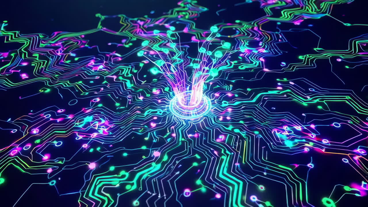 Abstract Digital Circuit Board with Glowing Neon Lines and Vortex
