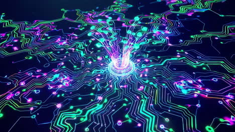 abstract digital circuit board with glowing neon lines and vortex