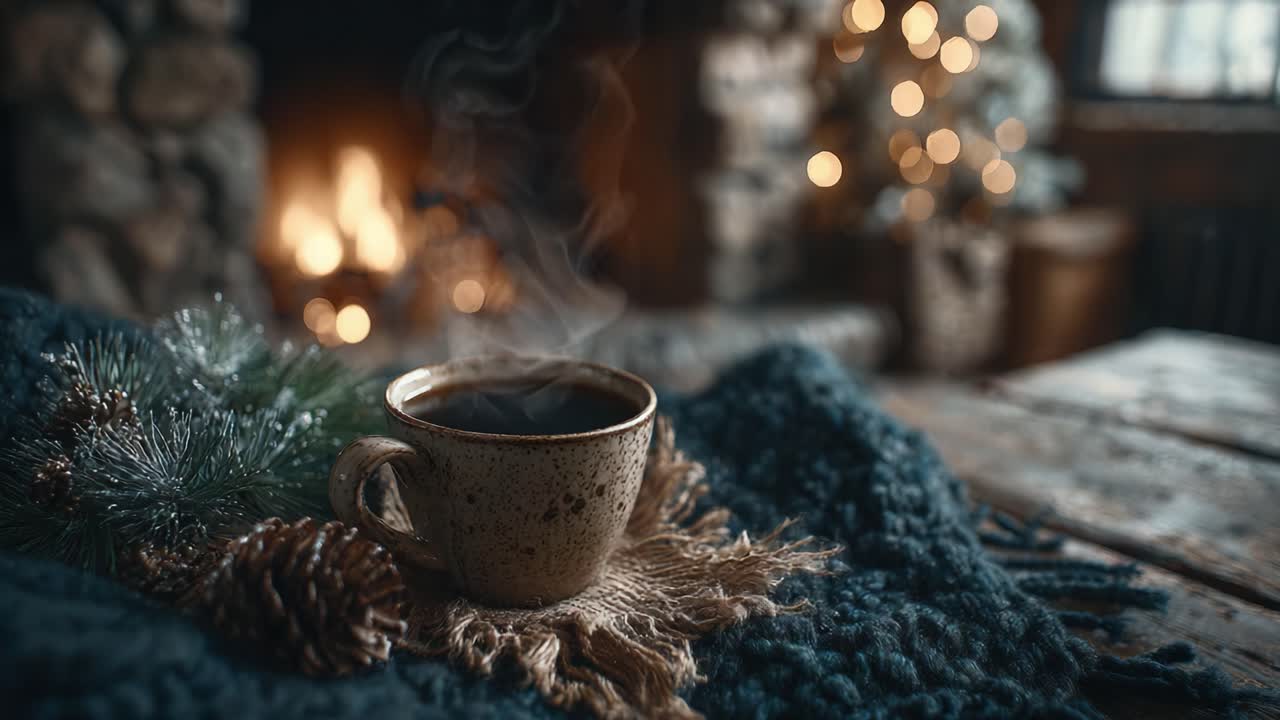 Warm and Cozy Atmosphere Featuring a Steaming Cup of Coffee, Nestled on a Rustic Table Surrounded by Winter Decor and a Glowing Fireplace for a Perfect Holiday Experience