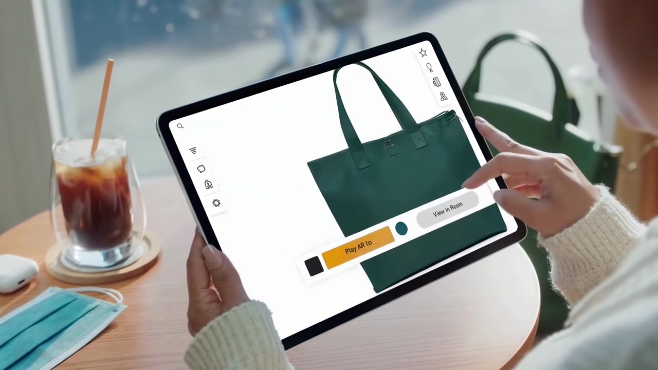Woman Uses Tablet for Online Shopping with Augmented Reality