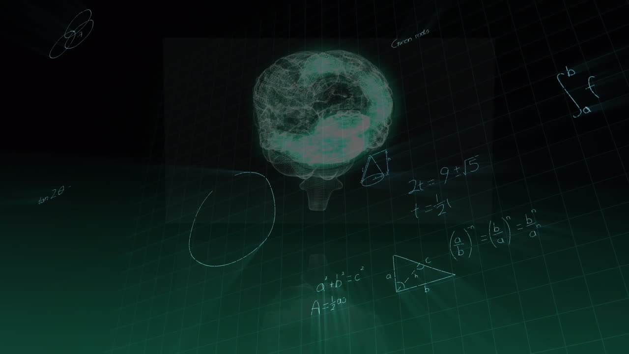 animación de ecuaciones matemáticas sobre un modelo digital del cerebro humano sobre un fondo negro