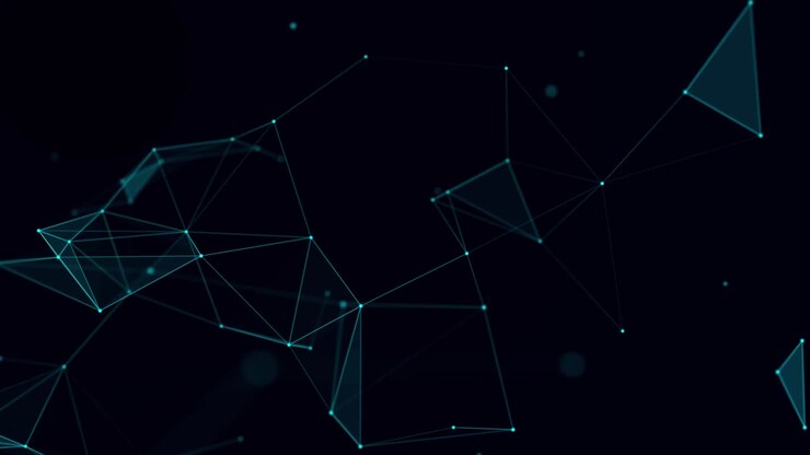 Distribution of lines and points in space. Digital background of data network connection. 3D rendering. Seamless loop.