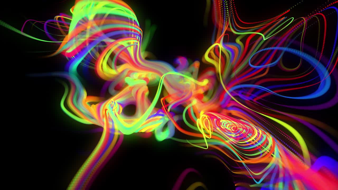 fondo en bucle abstracto con flujo de líneas multicolores de brillo o rayas de luz. las partículas de luces en funcionamiento se forman en el espacio 3d brillando hermosas líneas curvas con luz de neón. hermoso bg creativo en 4k.