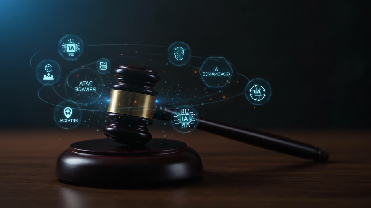 Explorando a interseção entre direito e tecnologia: um martelo simbólico representando a justiça em meio às preocupações com a privacidade e a vigilância de dados digitais