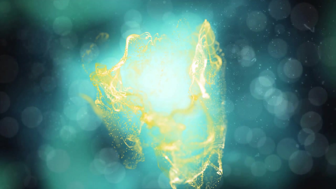 Small golden particle mass receiving energy pulse, pulsing and stretching to show rising energy