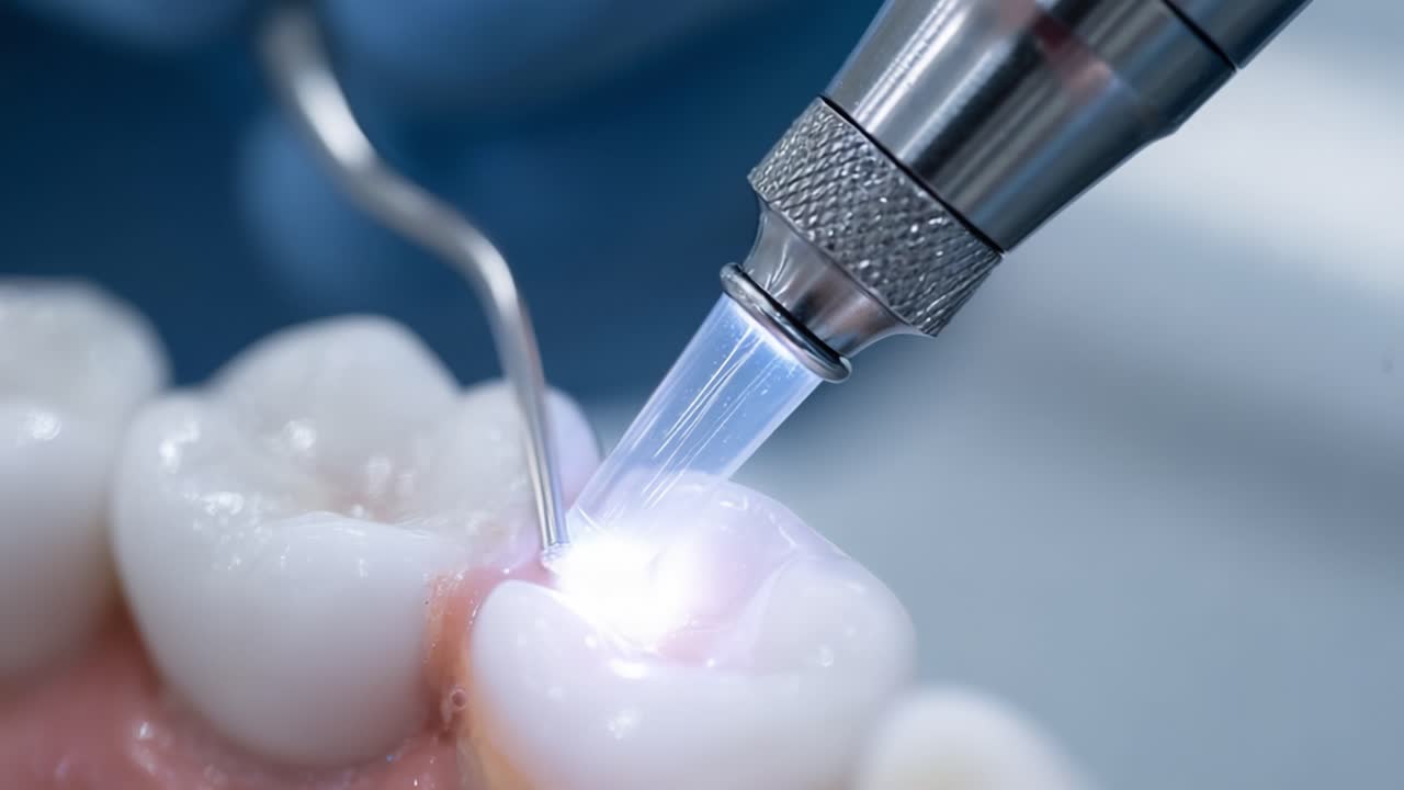 A Close-Up of a Dental Procedure Using a Dental Laser on a Patient's Tooth, Highlighting the Advanced Technology in Modern Dental Treatments