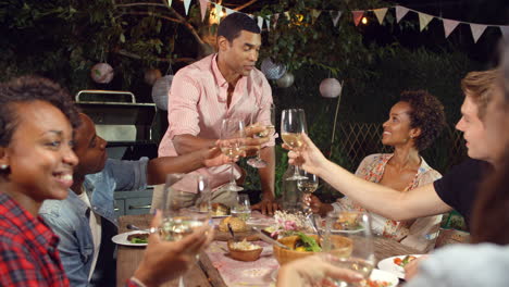 young man stands to make a toast at an outdoor dinner party