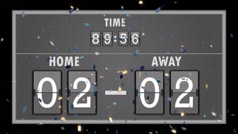 Animation-of-confetti-falling-over-scoreboard-on-black-background