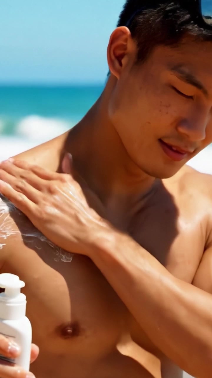A Young Man Enjoying a Day at the Beach While Applying Sunscreen to Protect His Skin from Sunburn and UV Damage in a Bright, Sunny Environment