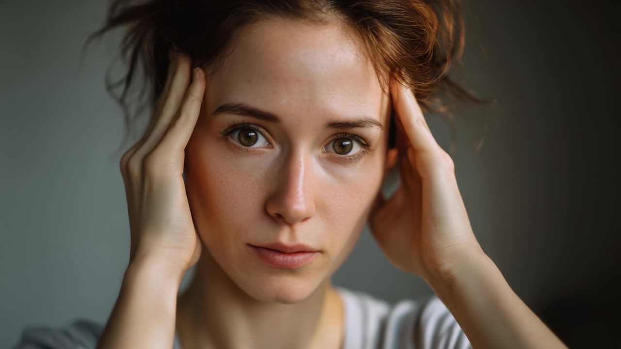 Una Donna che Esprime Disagio Emotivo e Stanchezza, con le Mani sulla Testa, Evidenziando l'Impatto dello Stress e della Tensione Mentale in un Momento Contemplativo