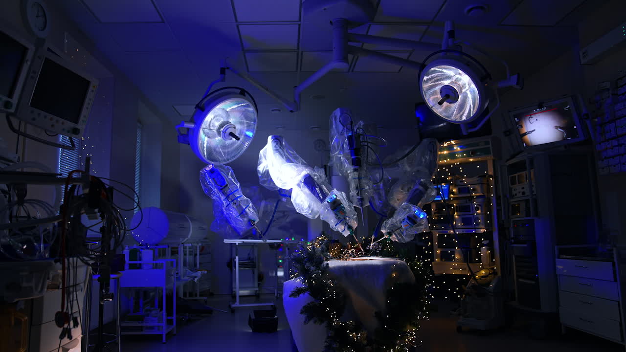 Modern dark surgical room with Da Vinci robot in the middle. Futuristic equipment managing the writing pen over the sheet of paper. Garlands are on in the ward.