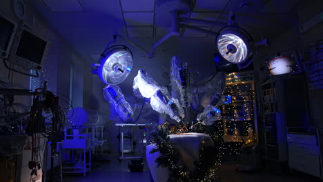 modern dark surgical room with da vinci robot in the middle. futuristic equipment managing the writing pen over the sheet of paper. garlands are on in the ward.