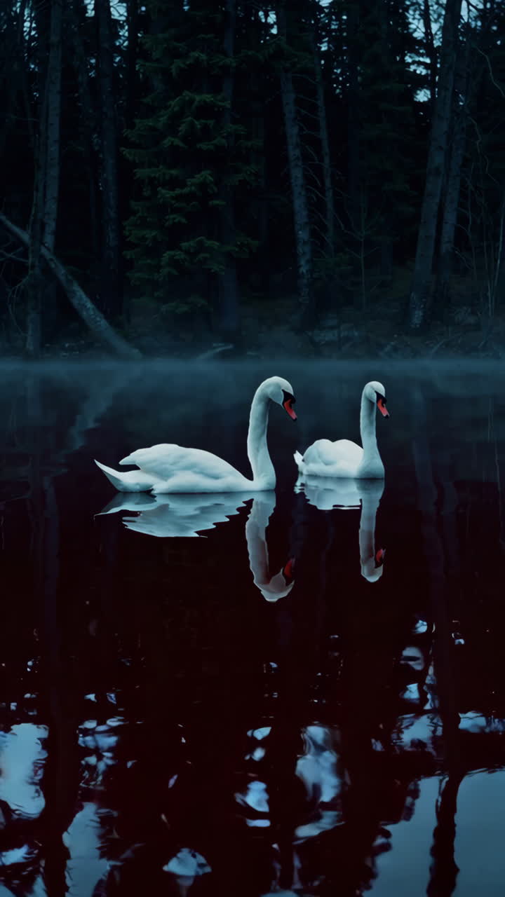 dos cisnes en un lago de bosque de niebla por la noche
