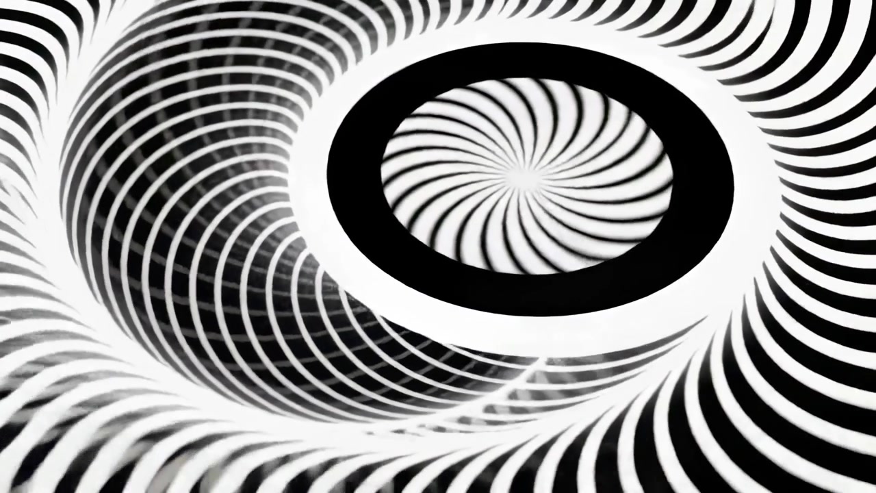 Shifting frame causing spiral rotating on white backdrop with thick black ring for tunnel depth