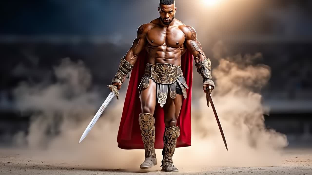 A man in a red cape holding two swords in his hands