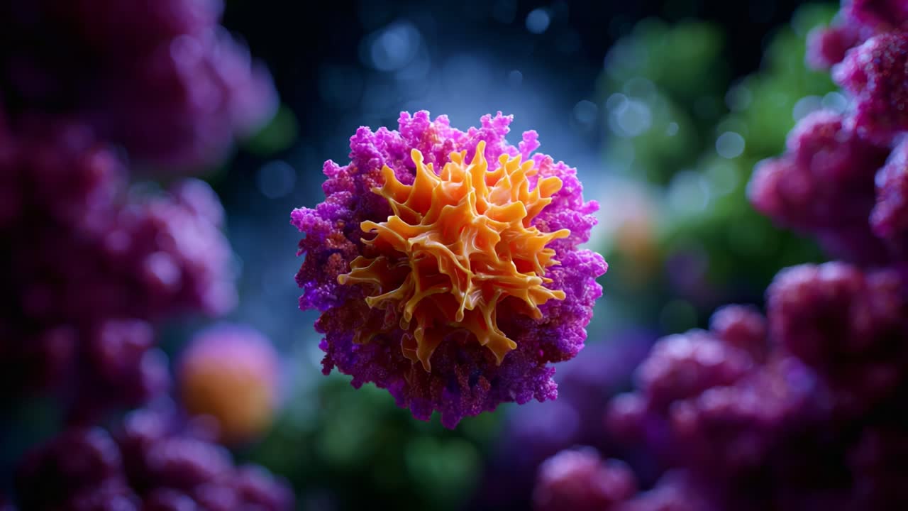 Vivace primo piano di una struttura microscopica colorata, circondata da uno sfondo viola astratto in un'atmosfera onirica in una straordinaria composizione visiva