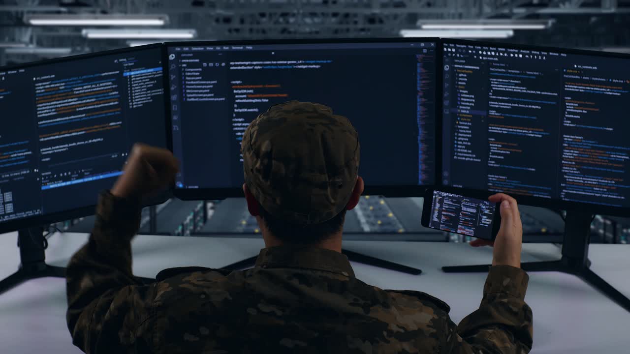 Back View Of Happy Asian Military Looking At Code On Mobile Phone While Write Code With Multiple Computer Screens In Data Center