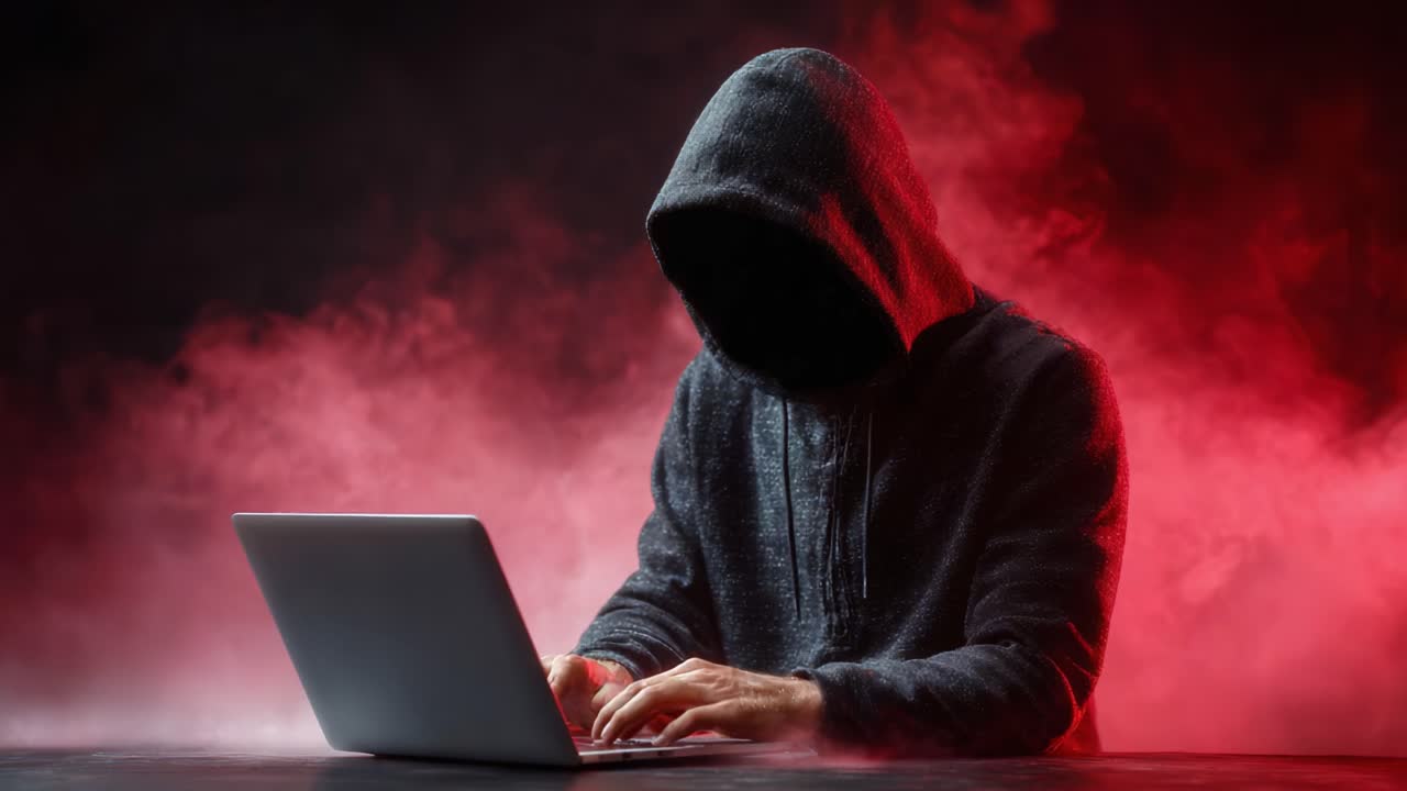 A mysterious figure in a hooded sweatshirt works intently on a laptop, shrouded in red-tinged smoke, embodying the essence of cyber secrecy and digital intrigue