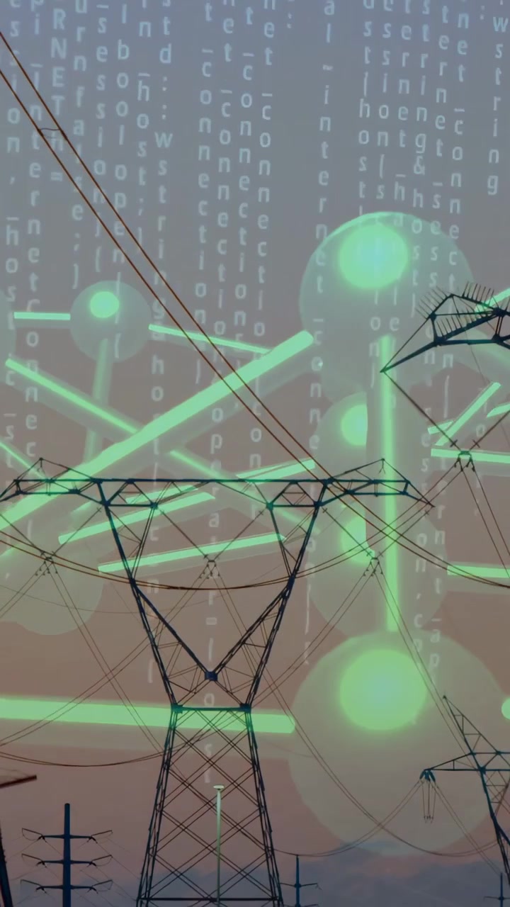 Vertical video: Dusk cue animating neon network aligning with power towers showing grid data