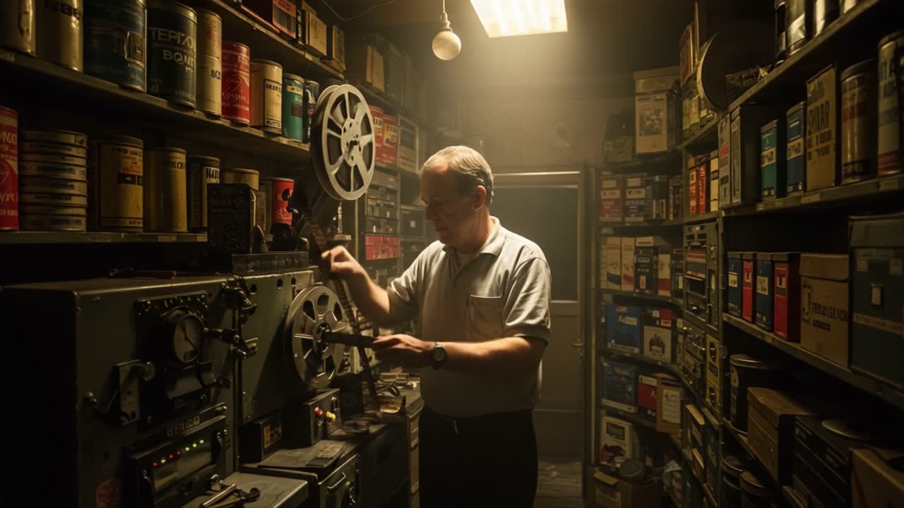 A Dedicated Technician Engaged in Film Restoration Inside a Vintage Archive, Surrounded by Old Film Reels and Tapes in a Dimly Lit Room Filled with Nostalgia