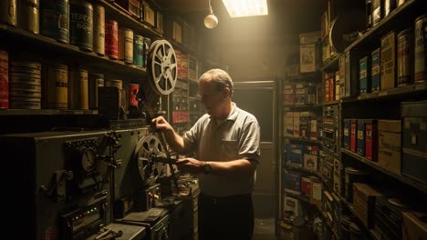 a dedicated technician engaged in film restoration inside a vintage archive, surrounded by old film reels and tapes in a dimly lit room filled with nostalgia