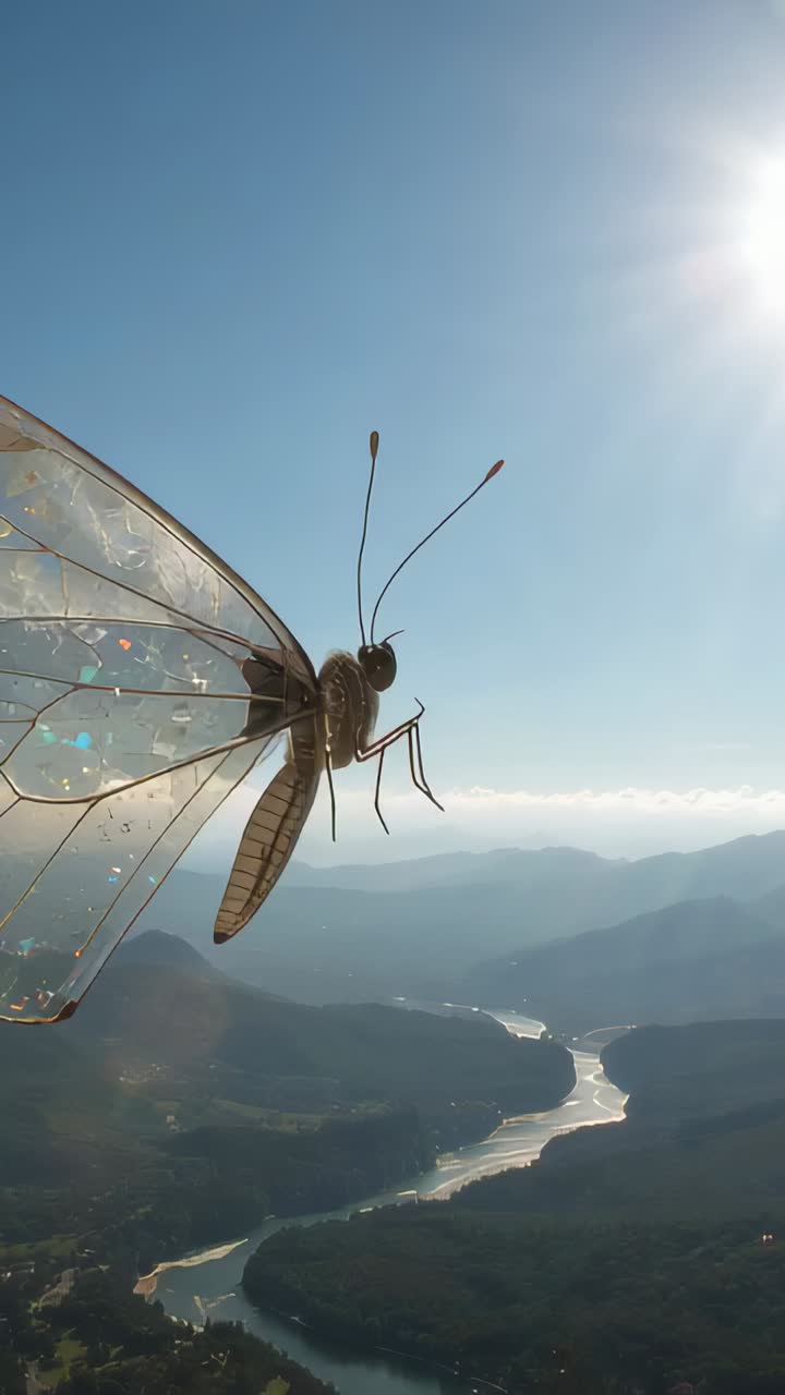 Video verticale: insetto luccicante che cattura il sole, antenne che si inclinano e mostrano il fiume dalla cresta, spazio per il testo