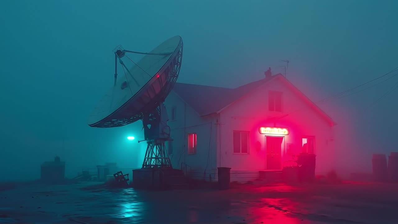 A satellite dish sitting on top of a building in the fog
