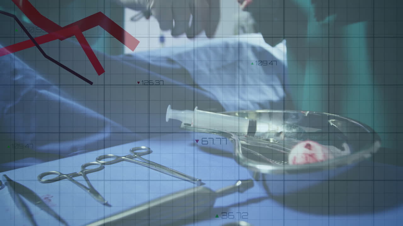 수술실의 외과 의사들에 대한 데이터 처리의 애니메이션