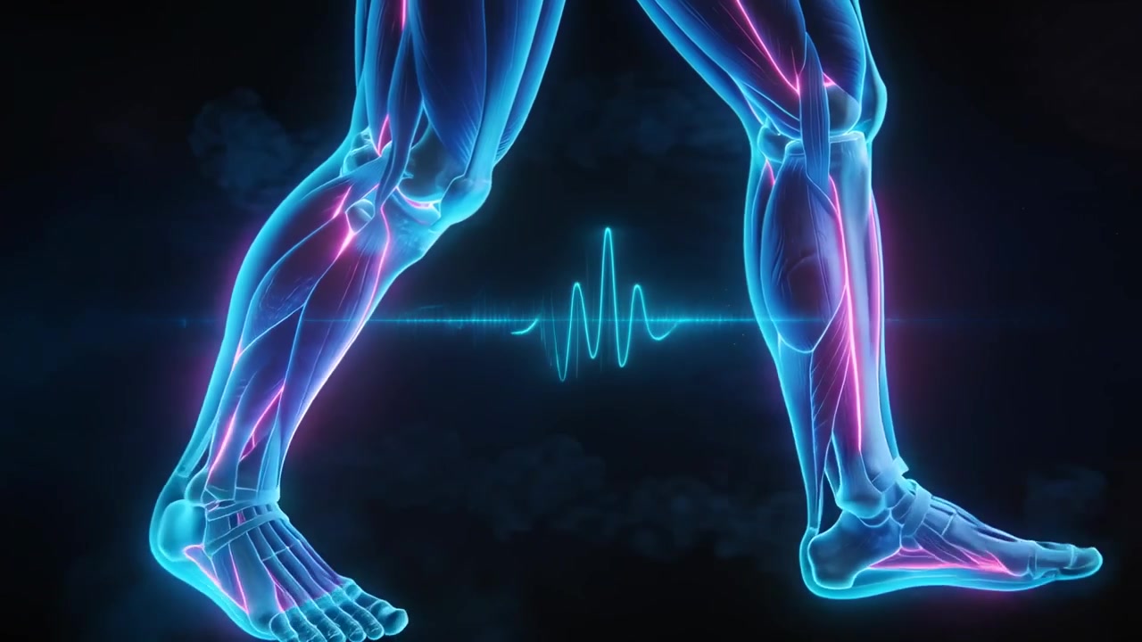 Shifting weight, neon 3D leg model performing walking stride in digital studio, with ECG waveform
