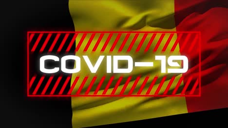 animación de la bandera de bélgica sobre la información de covid-1 escrita en letras blancas en un rectángulo rojo