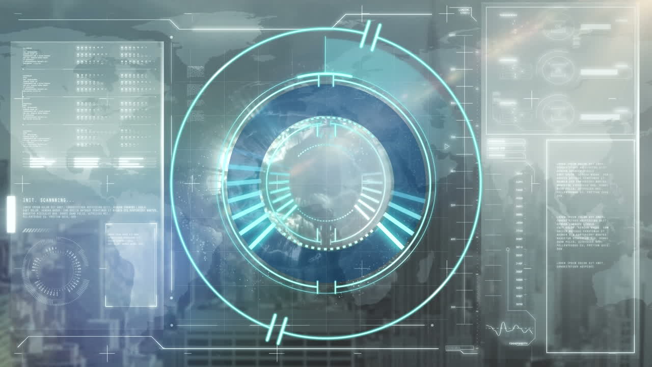 Animation of scope scanning over data processing and cityscape