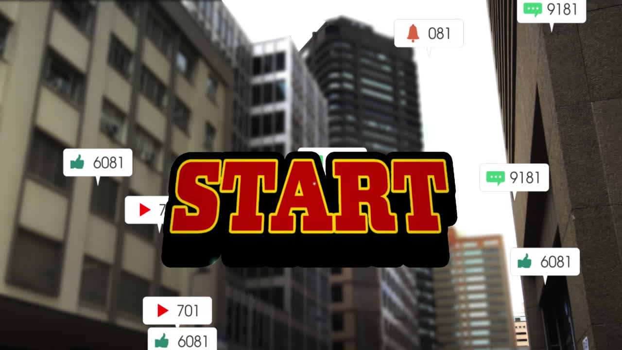 animación del texto de inicio y los números que crecen sobre el paisaje urbano