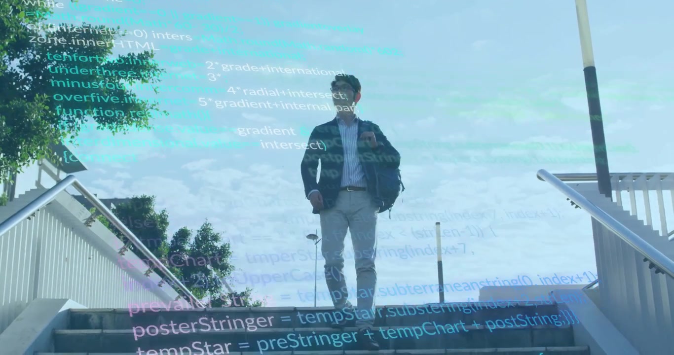 Young Professional Walking Down Stairs with Digital Code Overlay