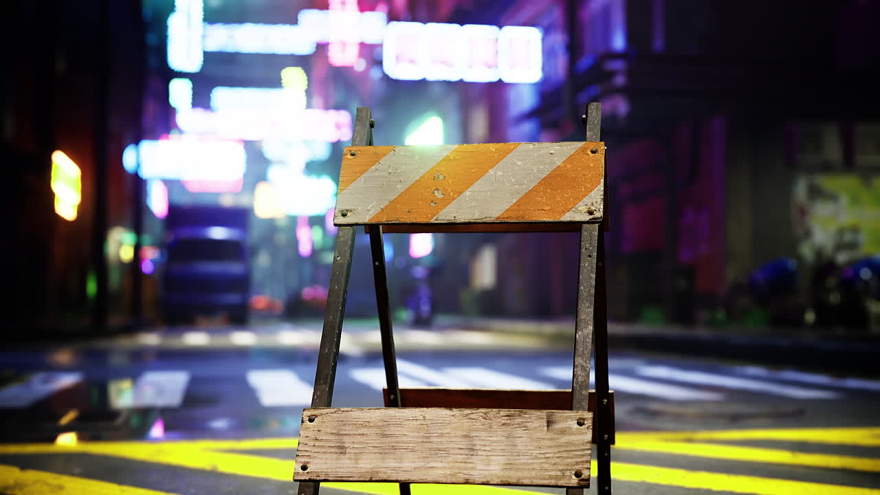 Construction sign blocking colorful urban street at night with neon lights