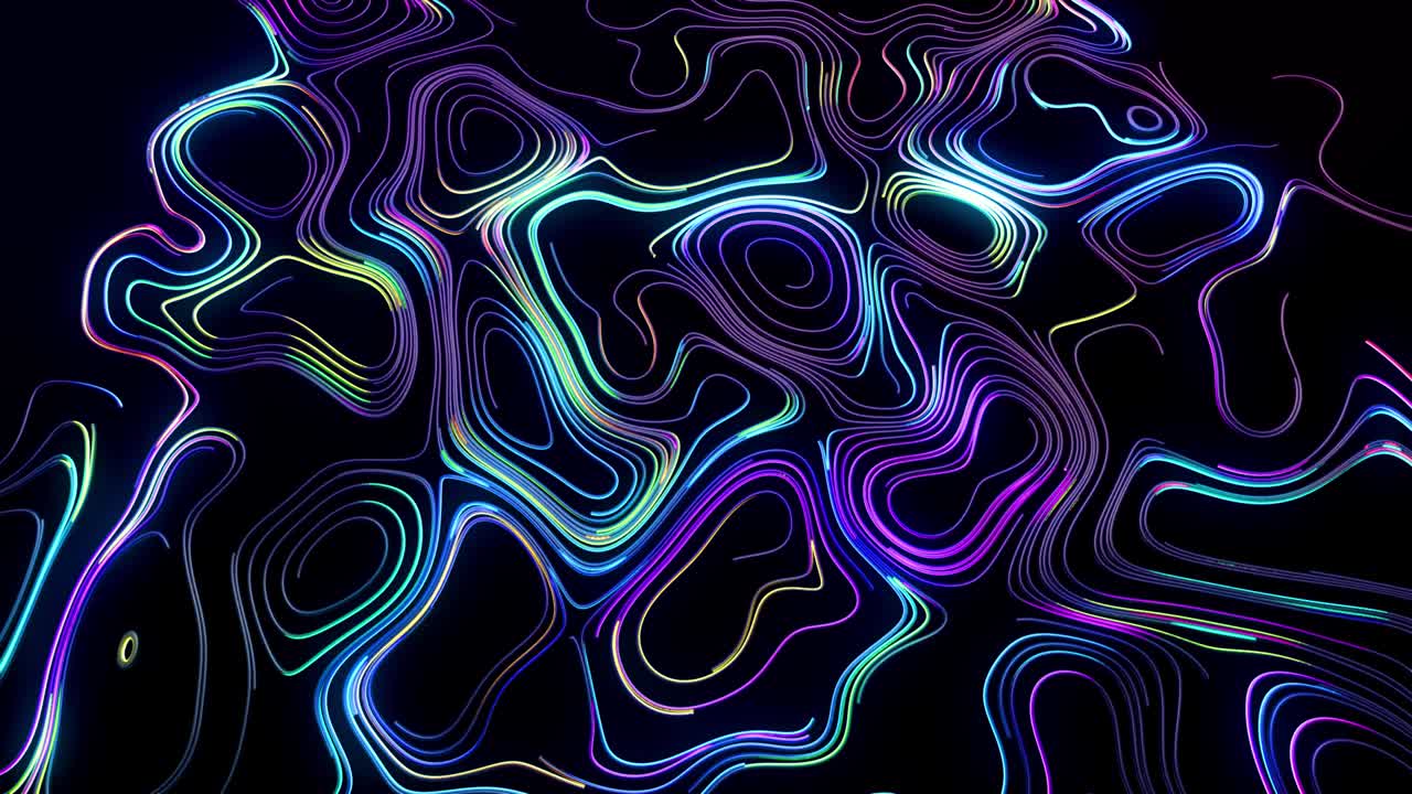 Fundo abstrato em loop 4K com linhas. Flash multicolorido de linhas curvas em um plano. Rede neural abstrata ou IA. Luzes de néon correndo como guirlanda em um plano. Luma matte como canal alfa