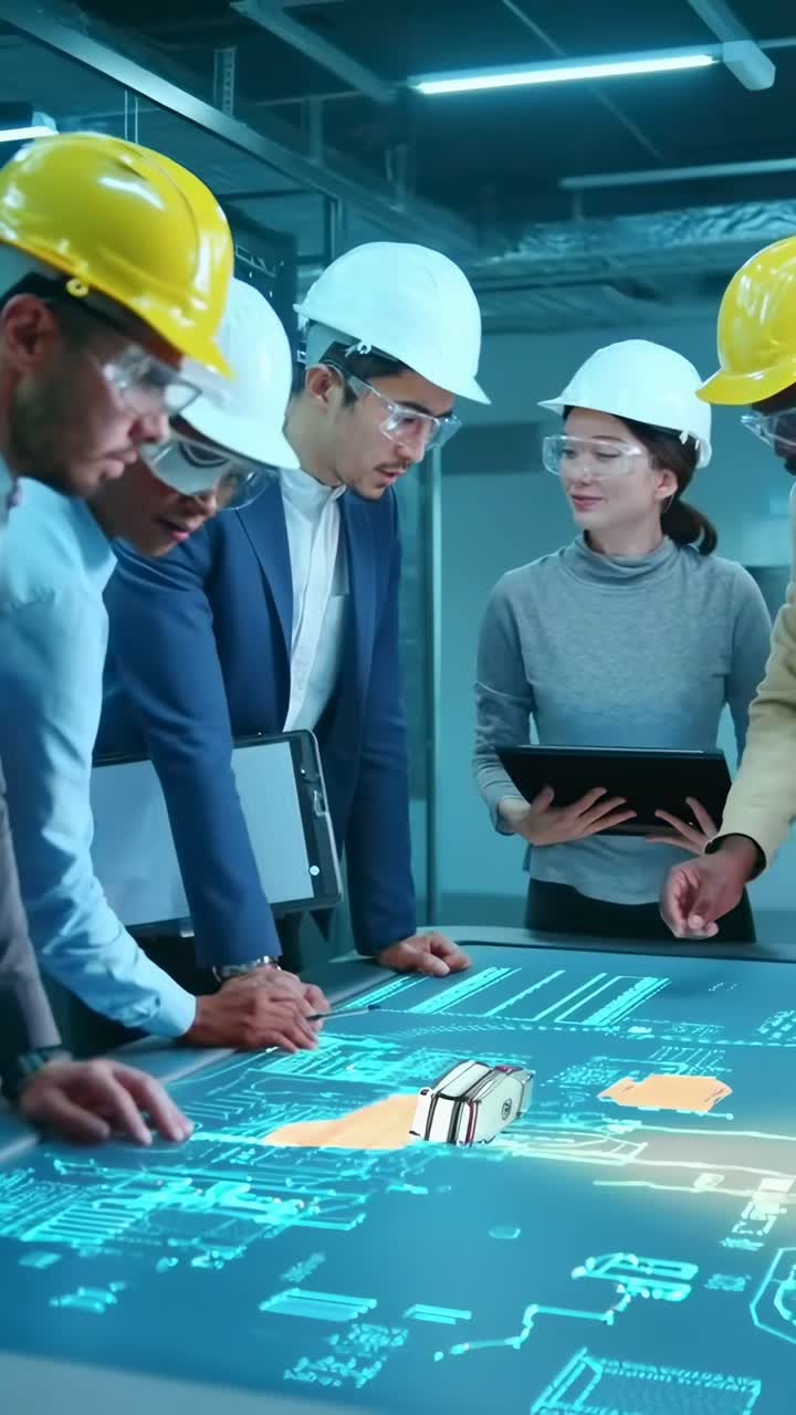 High-angle video of engineers in hard hats analyzing digital blueprints on a table