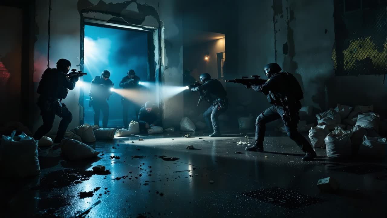 Law enforcement tactical team breaching darkened structure, neutralizing armed suspect during high stakes nighttime intervention