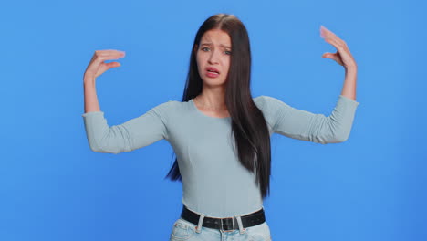 woman showing blah blah gesture with hands gossips empty promises liars not interested in talking