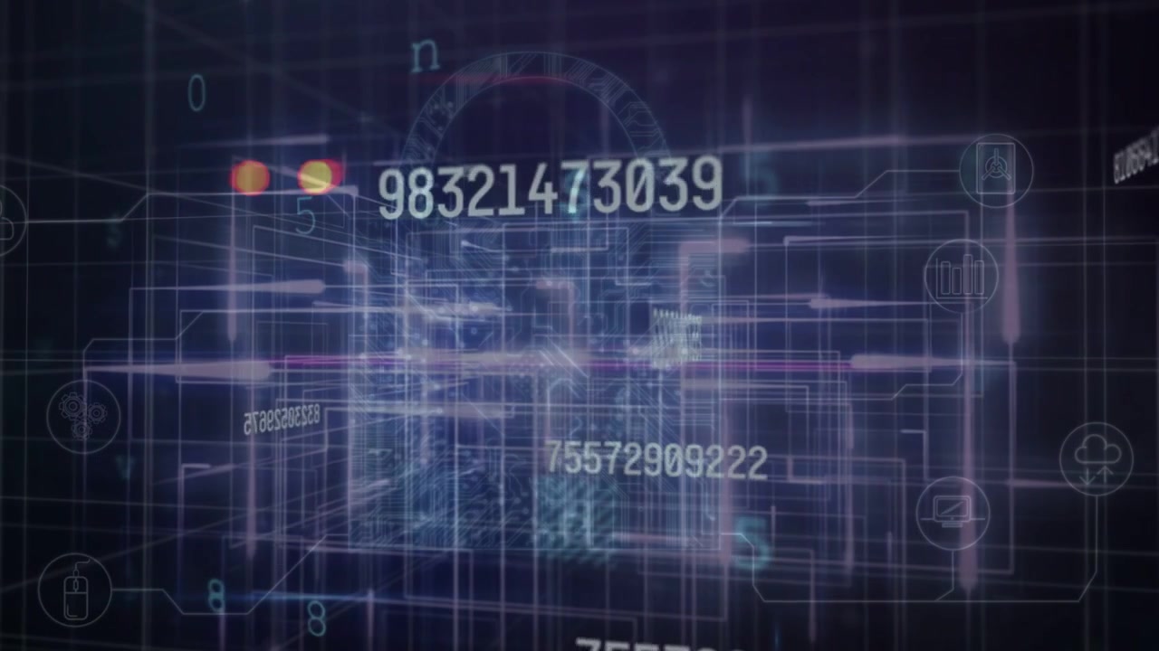 Camera moving through data grid, node column pulsing and revealing SCANNING MALWARE DETECT overlays