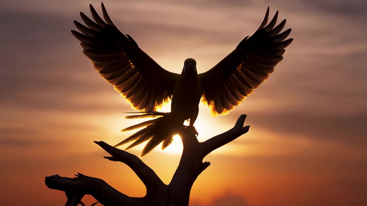 Papegaai zit op sculpturaal gevorkt drijfhout met symmetrisch geheven en gespreide vleugels, gespreide staartveren, poten die de zitstok vastgrijpen, heldere lage zon achter het onderwerp, wat een warm tegenlicht silhouet creëert