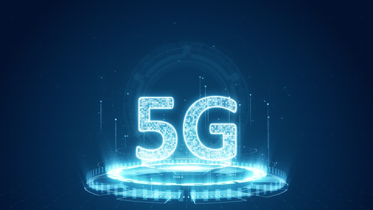 motion graphic del logo digitale blu 5g con tecnologia futuristica rotazione del cerchio e particella di levitazione su sfondo astratto