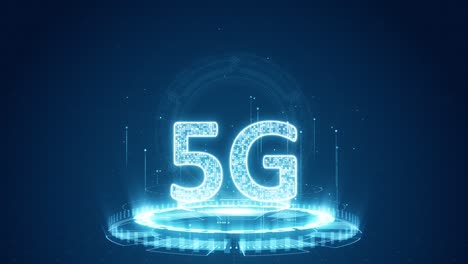 motion graphic of blue digital 5g logo with futuristic technology circle rotation and levitation particle on abstract background