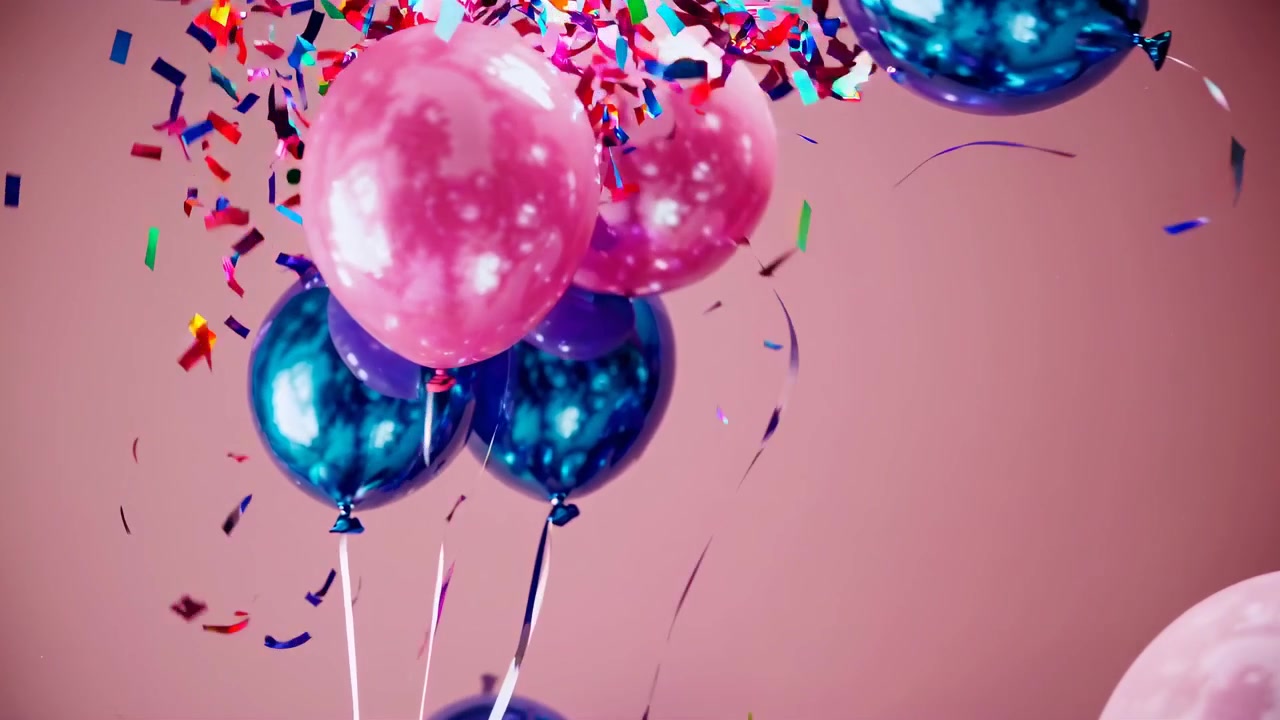 Globos rosas y azules flotando con confeti cayendo