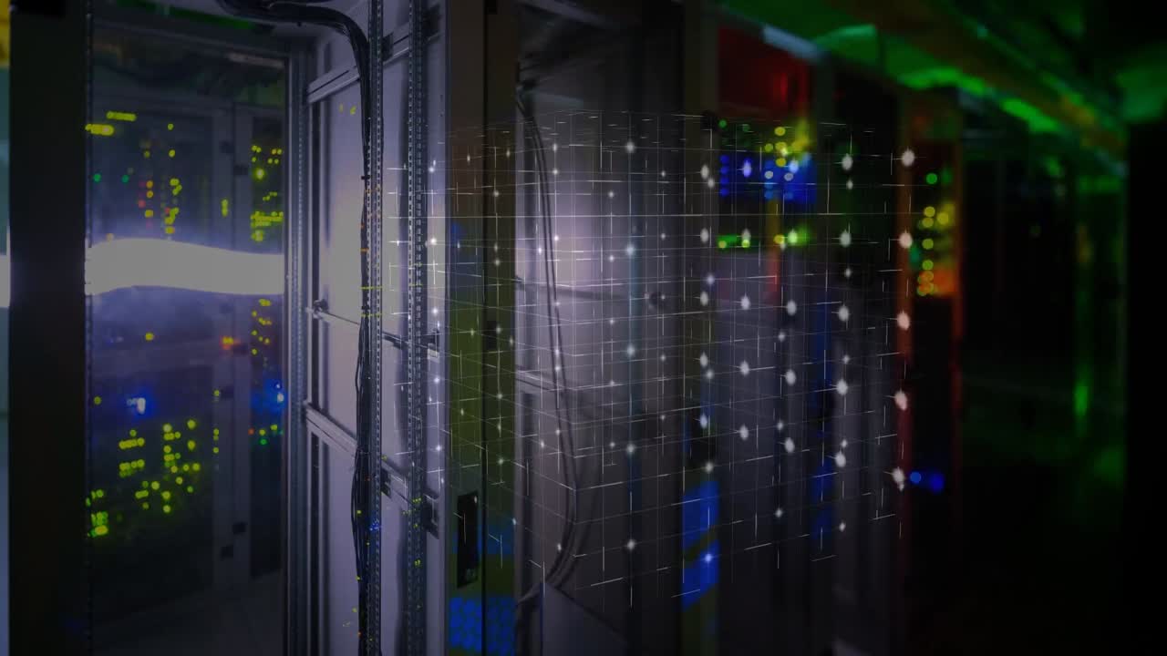 animación de líneas y luces que se mueven sobre los servidores