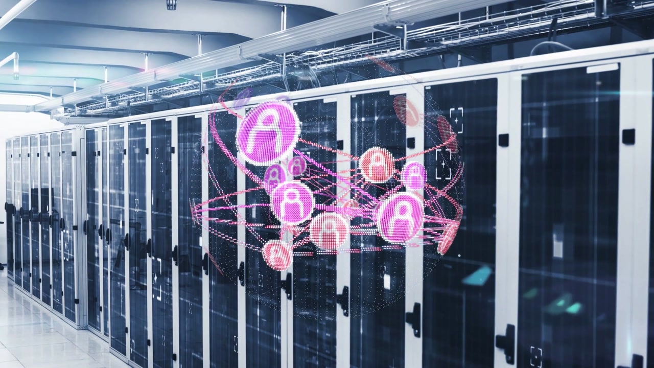 Data center racks sending data and initiating network sphere with nodes rotating, pulsing